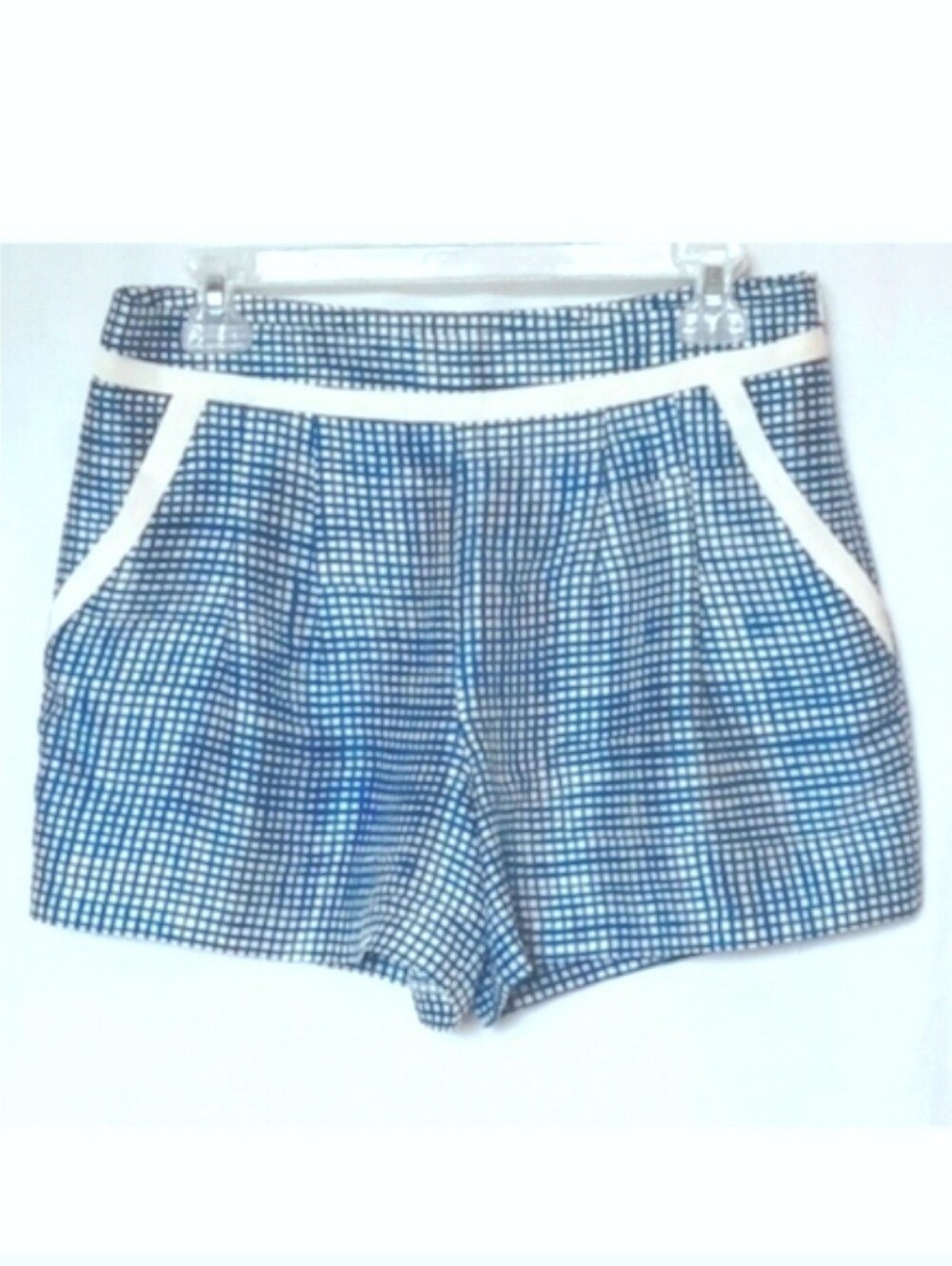 J&C 100% Silk Shorts, Turquoise Blue Graph Pattern on White, Cream Trim